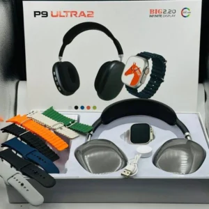 باك P9 ULTRA2 – سماعة بلوتوث + ساعة ذكية + 7 أحزمة متغيّرة للساعة