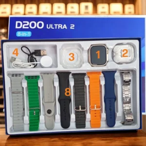 D200 Ultra 2 باك 8 في 1  –  ساعة ذكية + سماعات + شاحن لاسلكي + 8 أساور